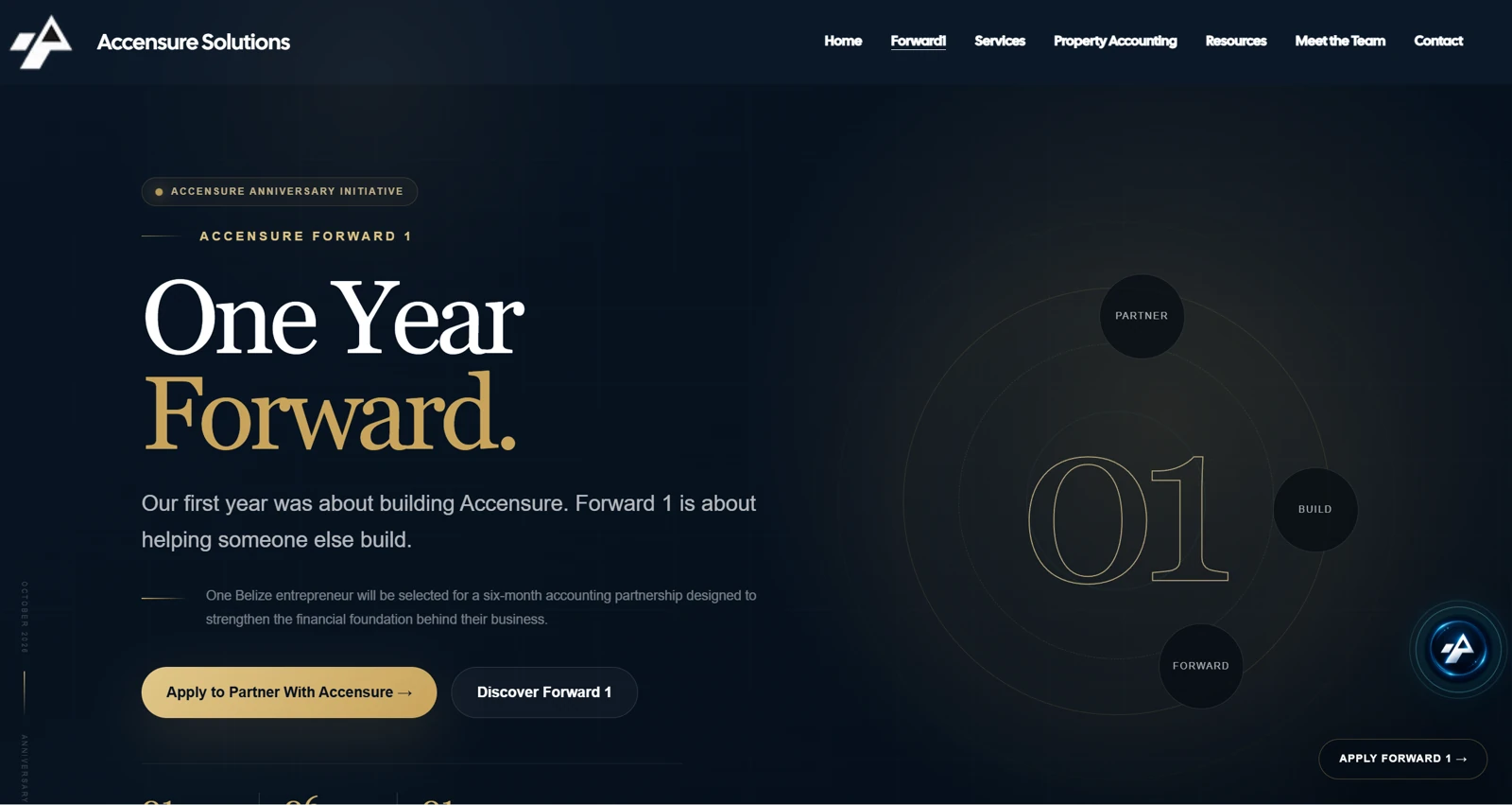 Forward 1 landing page, showing One Year Forward and its partnership initiative